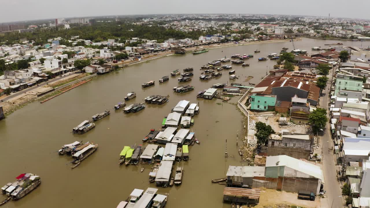 Aerial view of Cai Rang floating market, at Song Can Tho River in Mekong delta, Vietnam