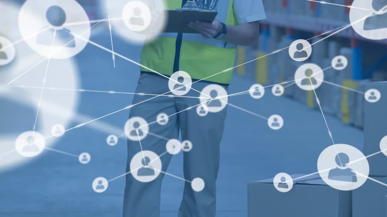 창고의 백인 남성 노동자에 대한 아이콘과 연결 네트워크의 애니메이션