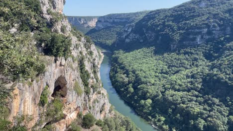 Aerial-view-of-Gorges-de-l'Ardèche-valley,-famous-for-kayak