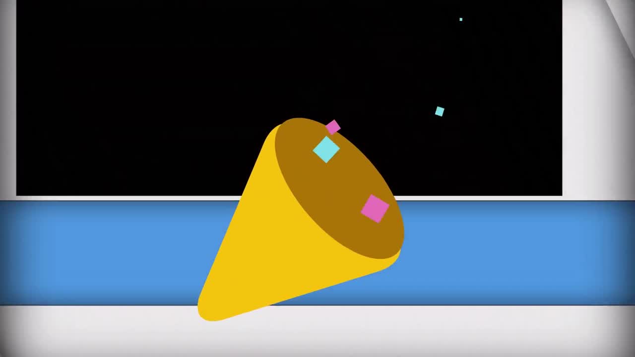 animación de paneles azules y blancos que se abren, y confeti y serpentinas de cono de fiesta