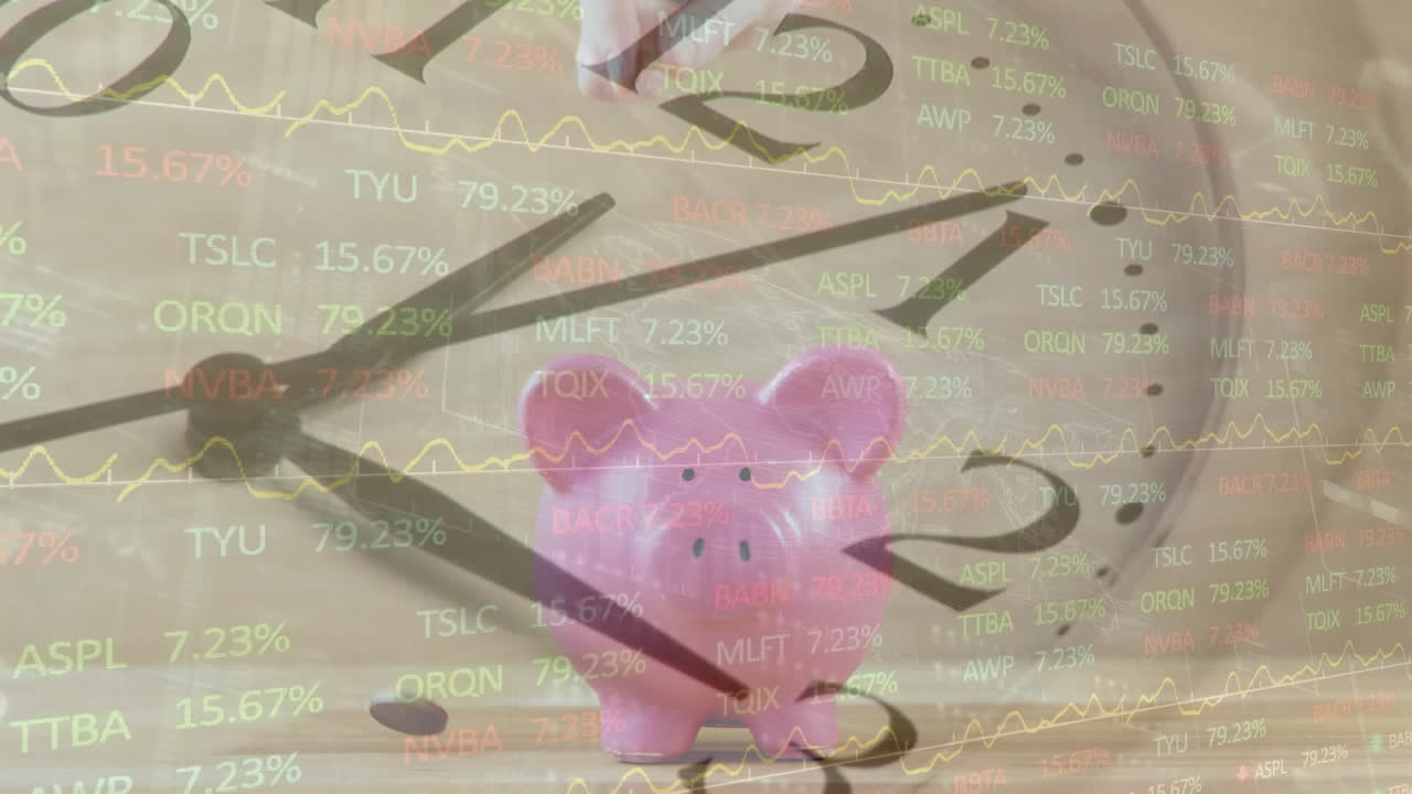 거래판 위의 시계의 애니메이션, 카우카시안 손이 테이블 위에 돼지 은행에 동전을 떨어뜨리는