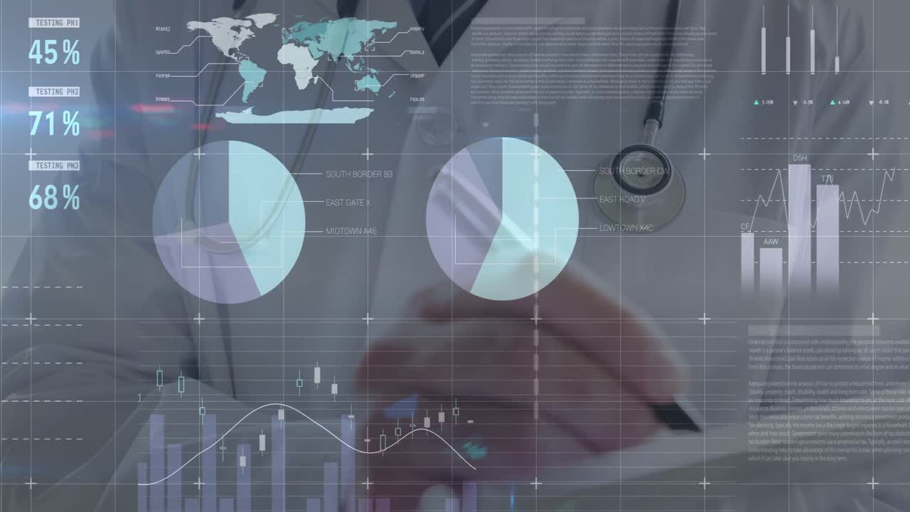 animación de datos financieros sobre las manos de un médico caucásico escribiendo