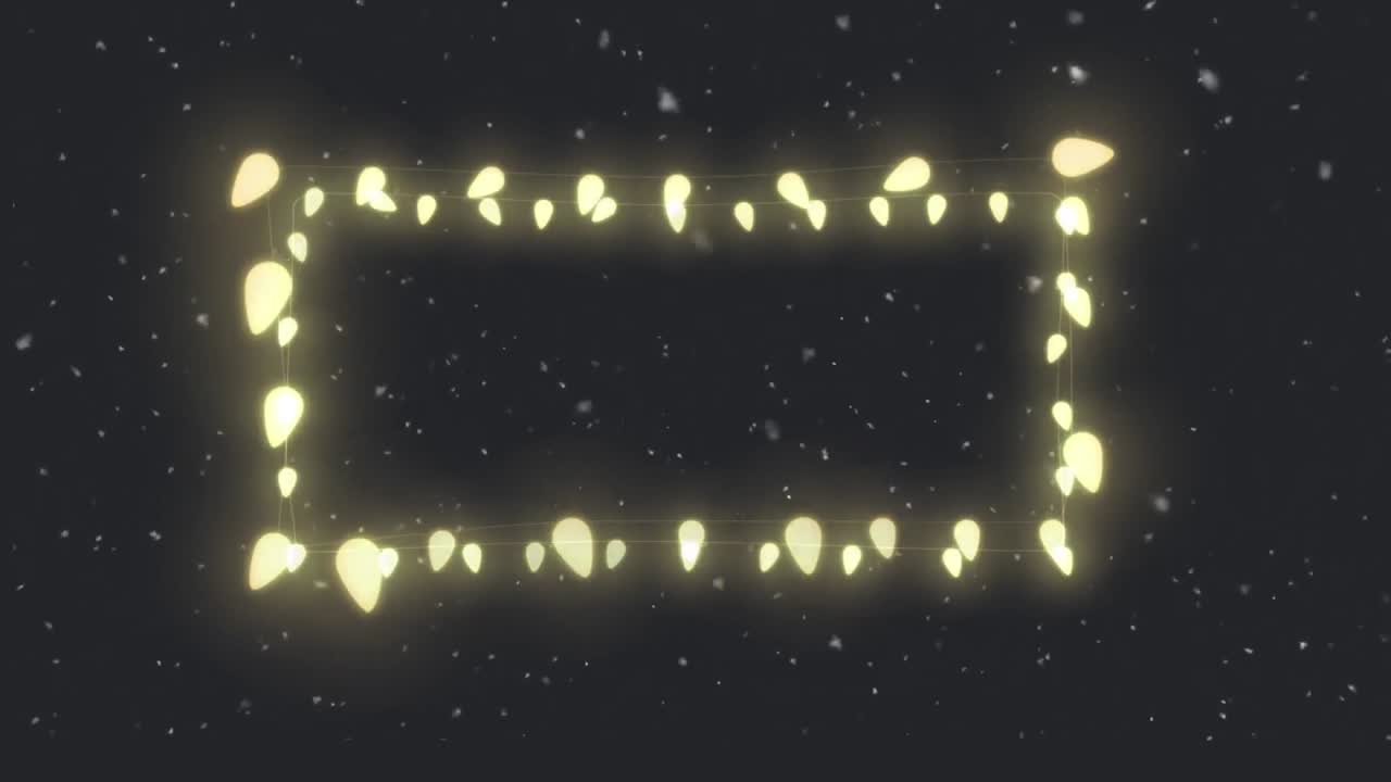 animación del marco de luces de hadas de navidad brillantes sobre la nieve que cae, en negro