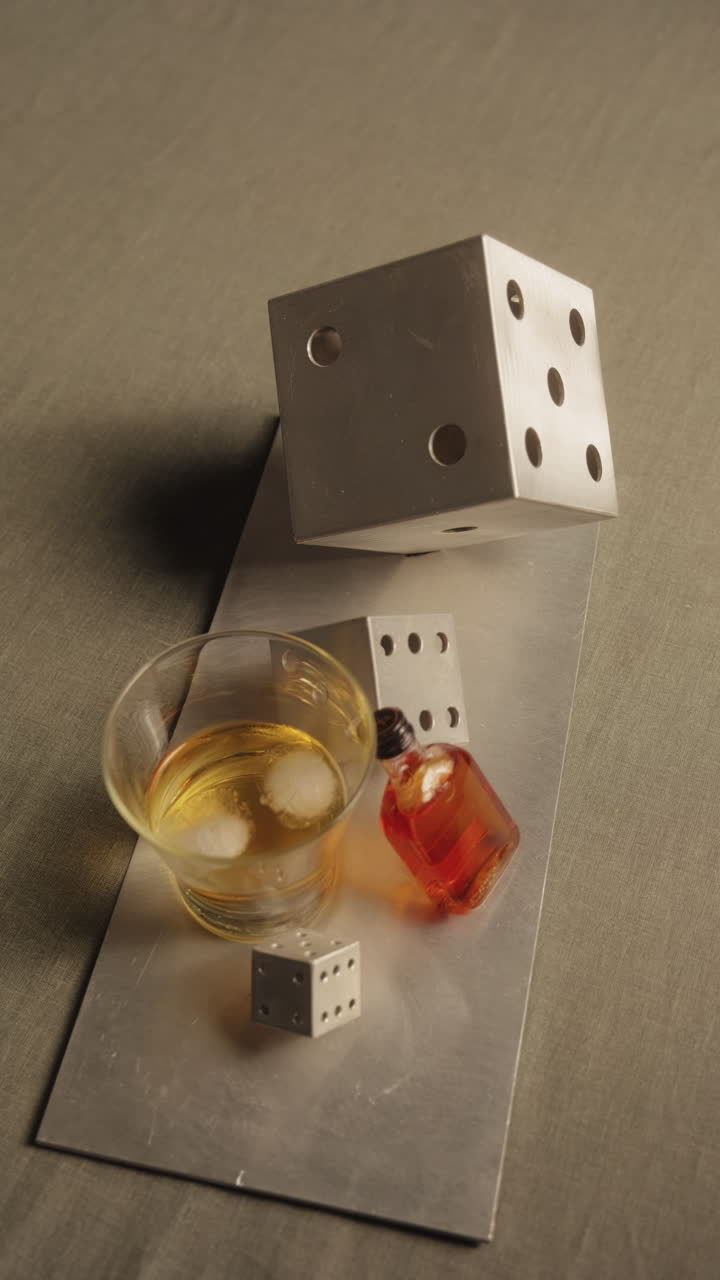 Vertikalt: Glas whisky med is, skulptur af grå terninger og en lille flaske på et gråt bord, mellembillede, statisk, filmisk