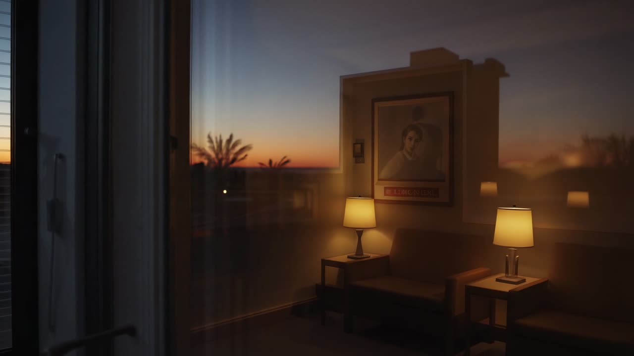 Vista de cámara cambiante que revela una puerta de cristal al anochecer, equilibrando el reflejo y el atardecer, con dos lámparas encendidas.