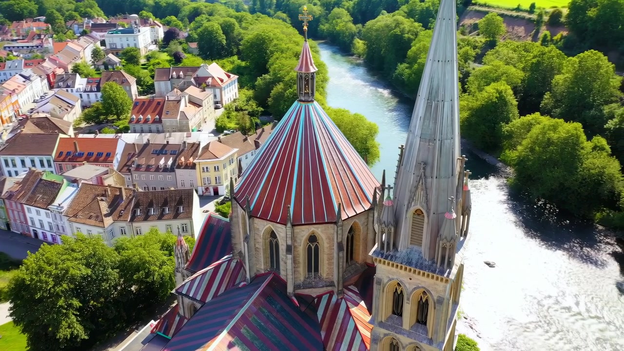 Luftfoto af en historisk katedral med høje spir ved siden af en flod, omgivet af gamle bytage, tætte træer og klart sommerdagslys