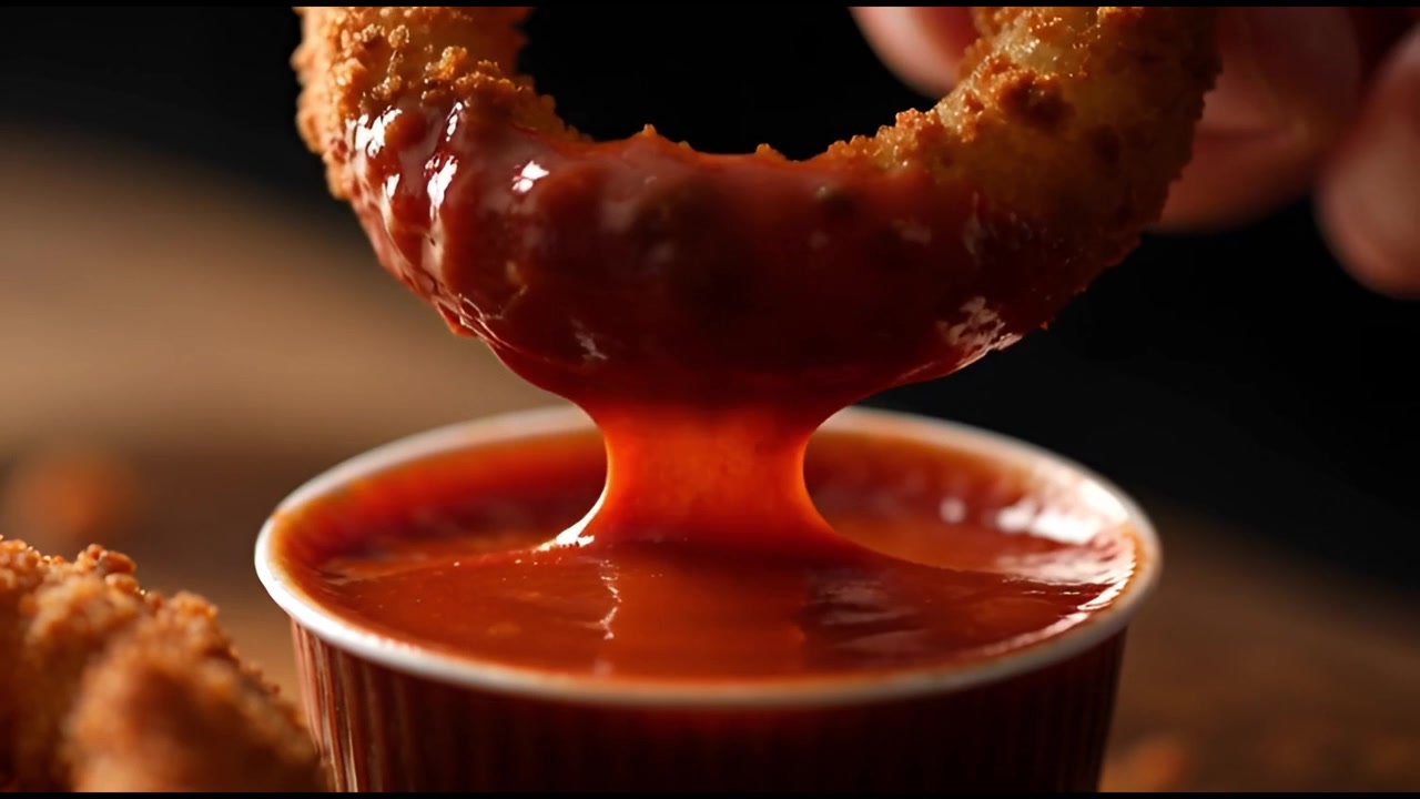 Anello di cipolla croccante intinto nel ketchup di pomodoro rosso