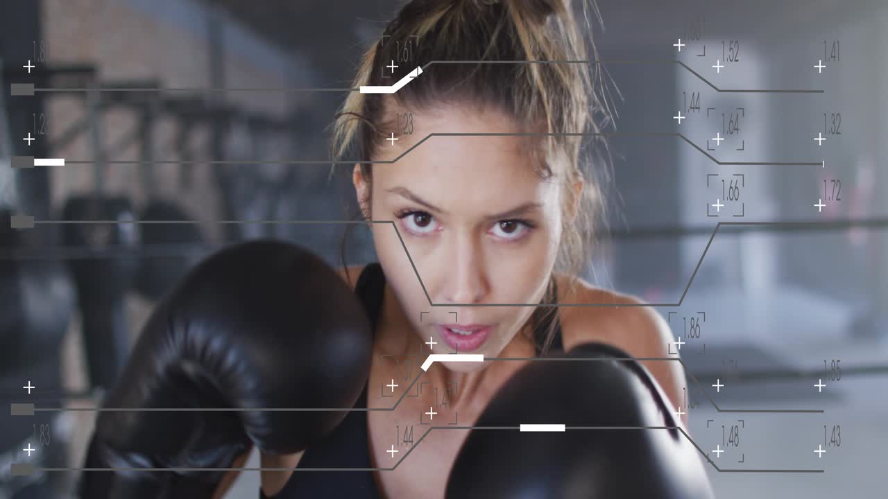 Female boxer starting boxing drill, jabbing lens, practicing form, animated overlay tracking gloves