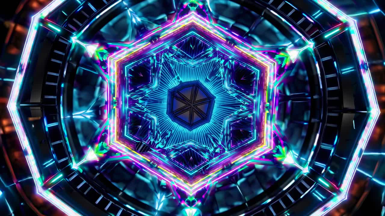 Un video caleidoscopico con un angolo dall'alto, che mostra vivaci modelli neon e simmetria geometrica