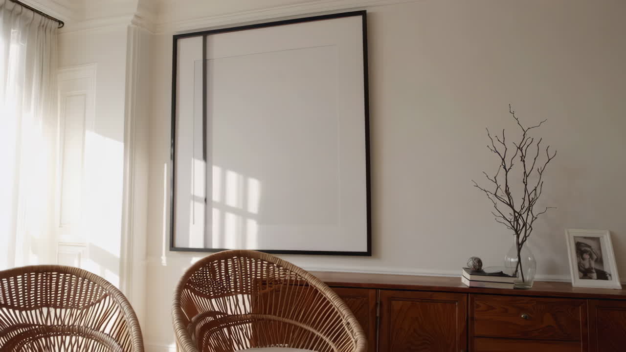 Cozy Living Room with Wicker Chair and Wooden Cabinet