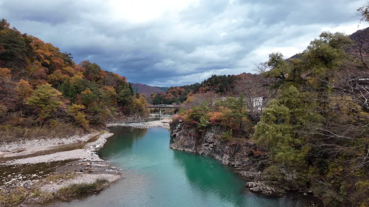 Idyllic autumn scenery featuring a tranquil river amidst vibrant forests and moody clouds. pan right shot