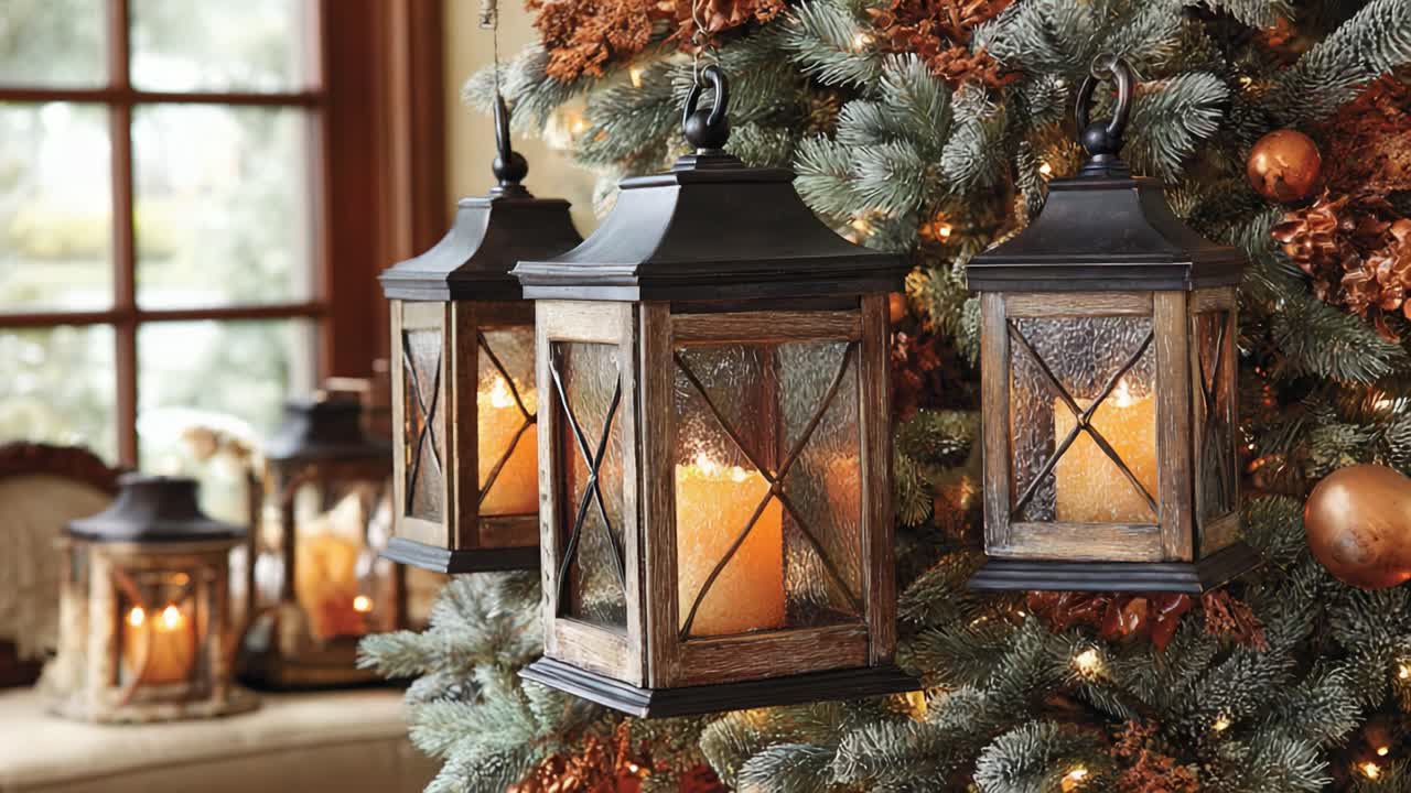 Elegant Lanterns Hanging from a Festively Decorated Christmas Tree, Casting a Warm Glow that Enhances the Holiday Atmosphere and Invites Joy and Celebration