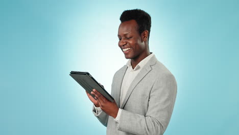 business, man and scroll on tablet in studio