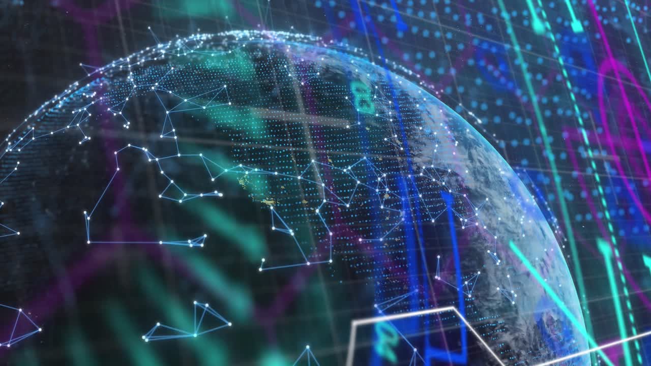 Animation of scope scanning and network of connections over globe in background