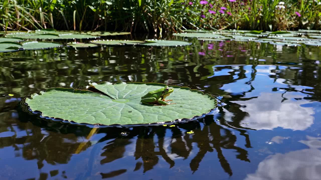 池の睡蓮の葉の上にいるカエルのローアングル動画。植物の穏やかな水面への映り込みを捉えています。
