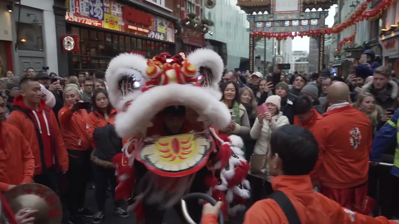 Chinese dragon dancer in middle of the crowd in china town london england during new year celebration parade