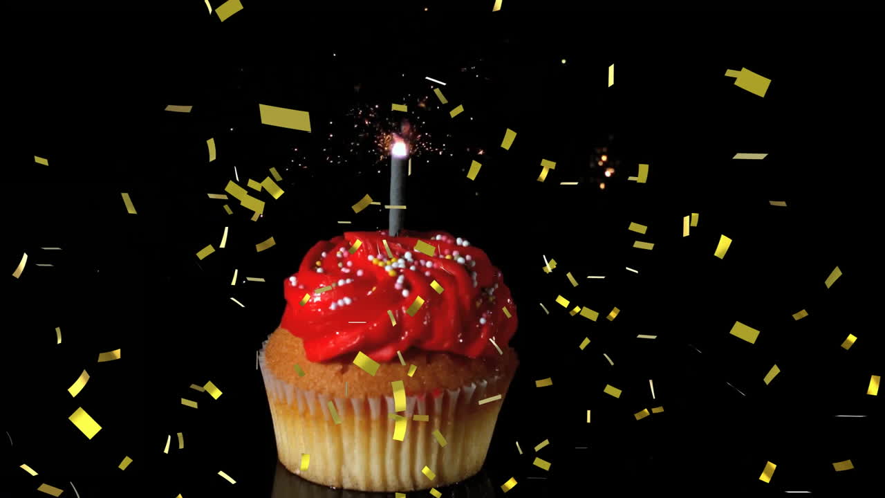 pastel con vela encendida y animación de confeti cayendo sobre un fondo negro