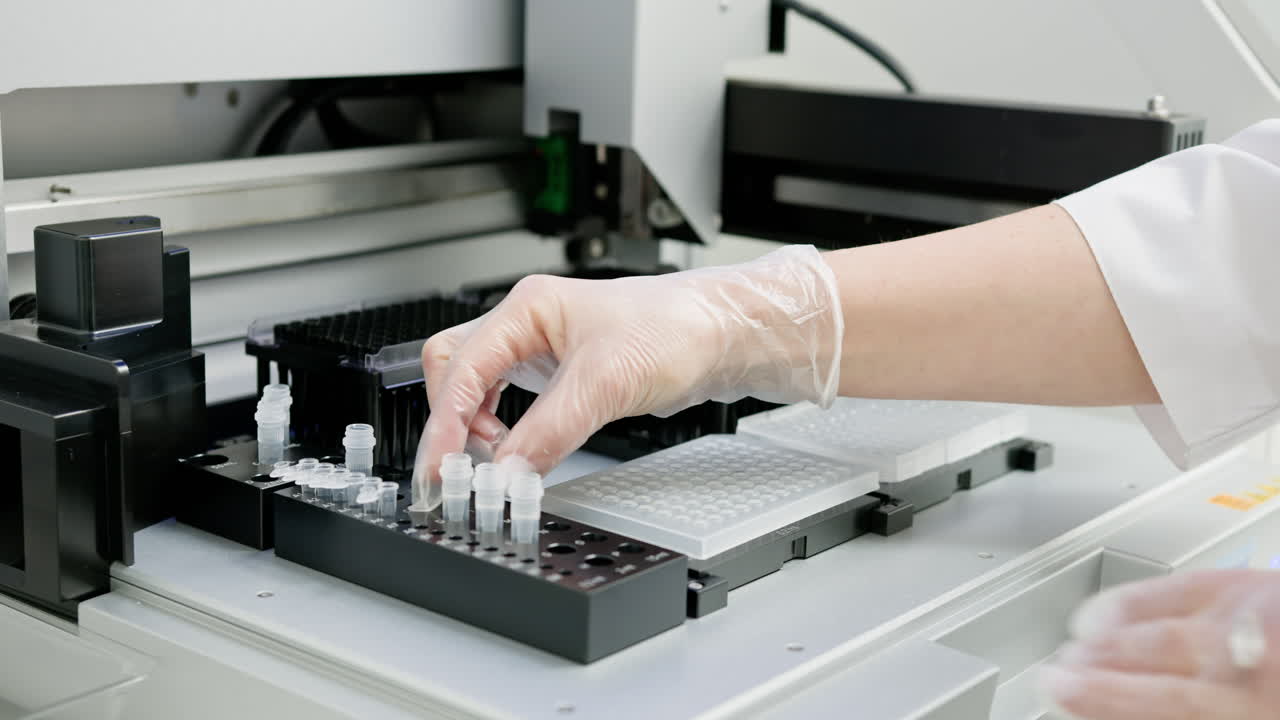 Scientist using automated lab equipment for sample preparation