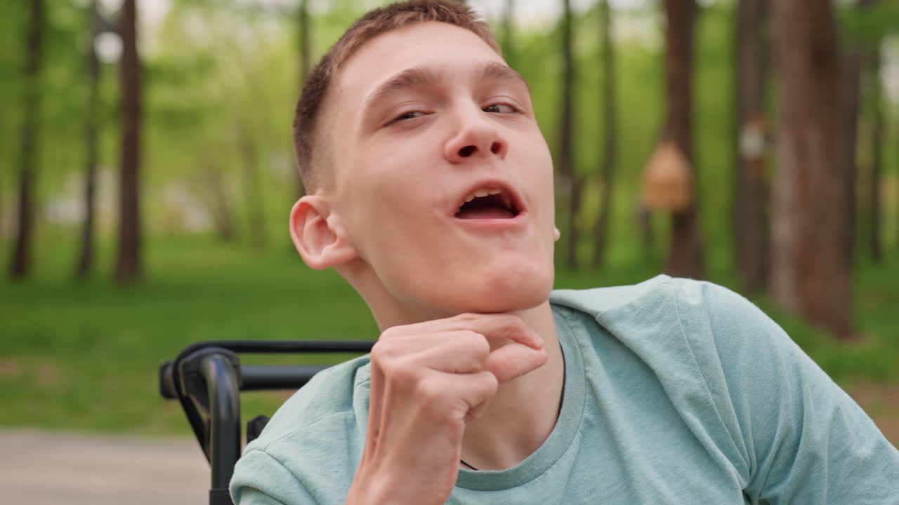 Happy Caucasian Man In Wheelchair, Content Caucasian Man Sitting In Wheelchair Amidst Peaceful Woods, Cheerful Caucasian Gentleman In Wheelchair With Hand On Chin In Tranquil Forest Setting