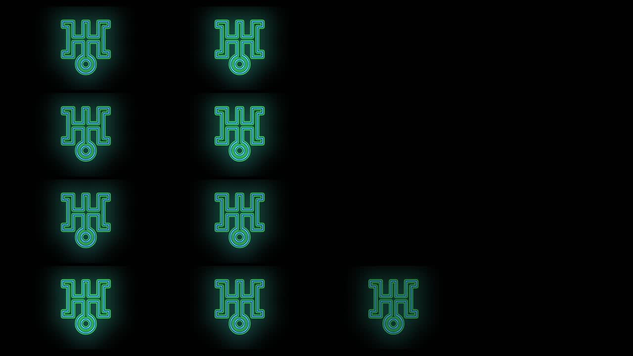 Pulsing neon green Japan symbols pattern in rows 6