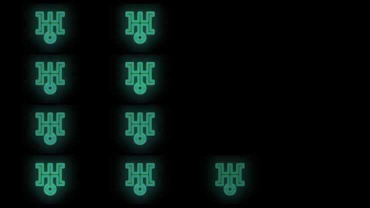 Pulsing neon green Japan symbols pattern in rows 6