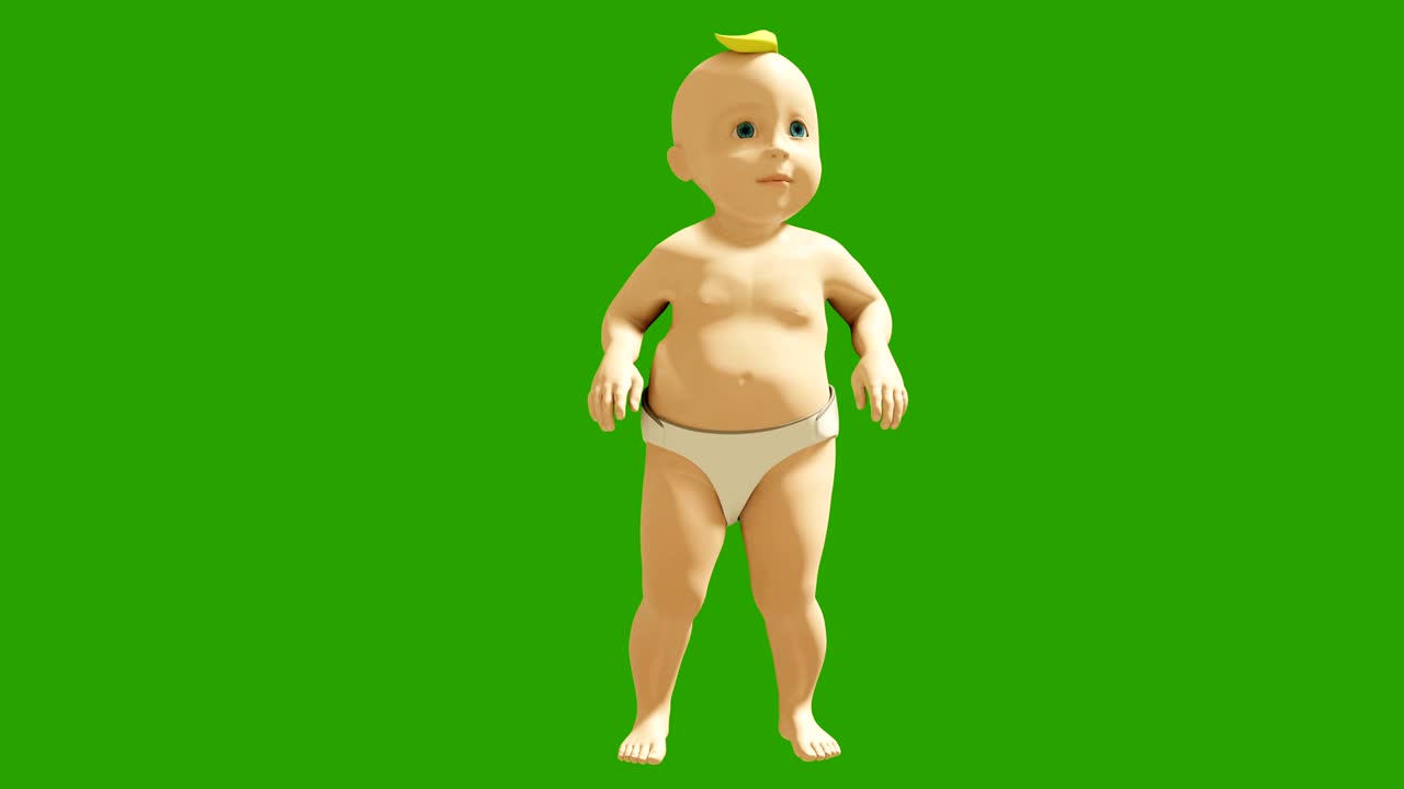 un niño pequeño bailando contra una pantalla verde. animación de renderización 3d de niños pequeños bailando. animación en bucle.