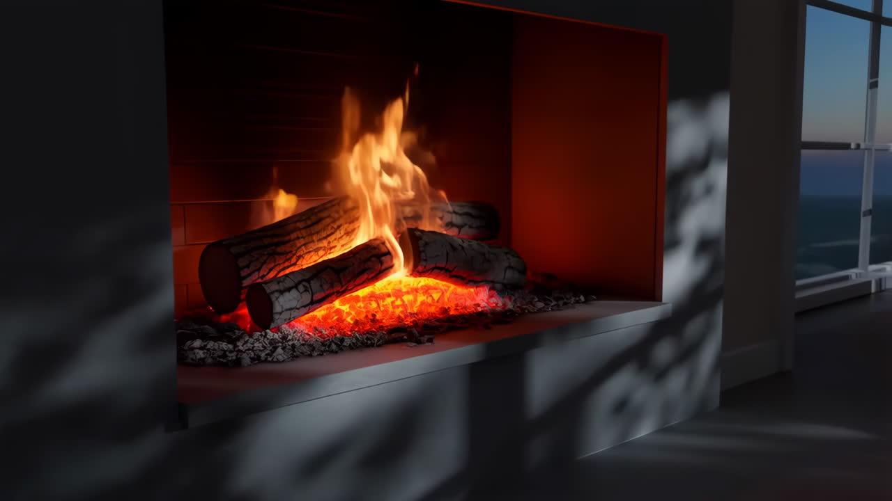 불타는 나무를 가진 아한 벽난로