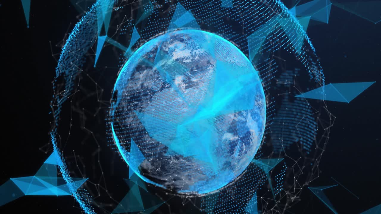 Animation of triangles over connected dots around globe against abstract background