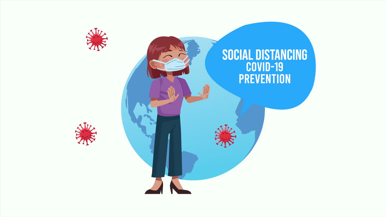 사회적 거리를 지키는 여성 코로나19 예방 메시지와 지구 행성