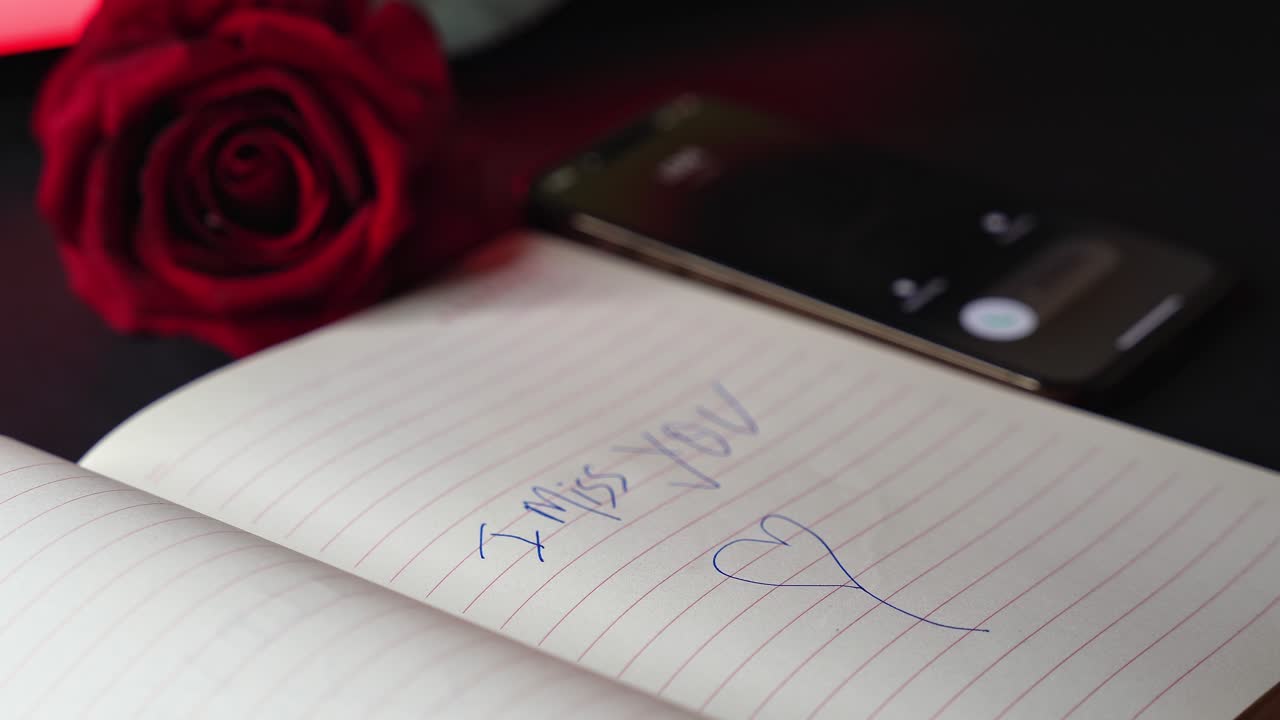 Close-up of hand writing “I miss you” with heart in a lined notebook, blue pen, moody red lighting, blurred rose and smartphone in background, romance and longing concept