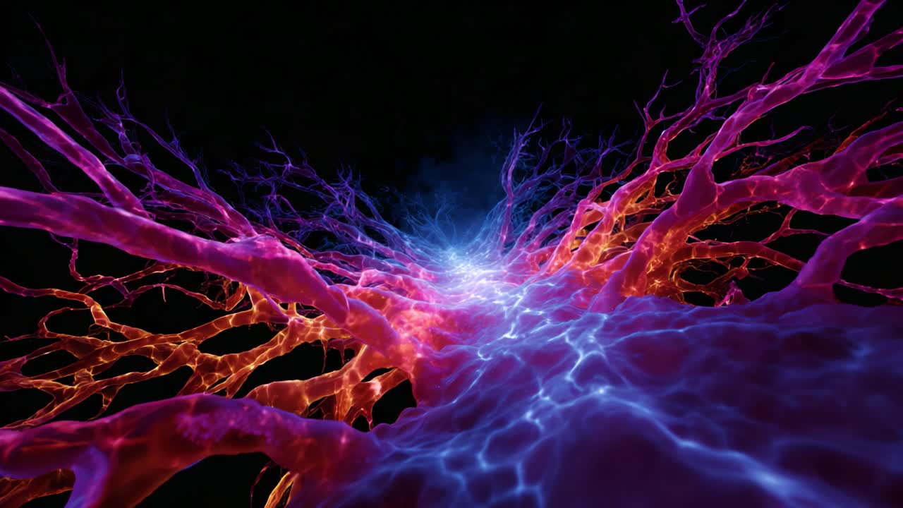 Vibrant Neural Network Visualizations Exploring the Intricate Structures of Brain-like Organic Patterns in Stunning Colors of Red, Blue, and Purple Light Effects