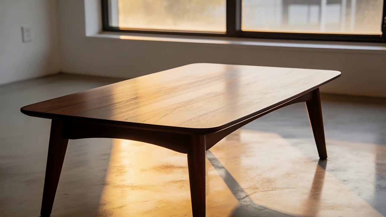 Telecamera su carrello che si avvicina a un tavolino da caffè in legno in uno showroom, mostrando il riflesso della finestra.
