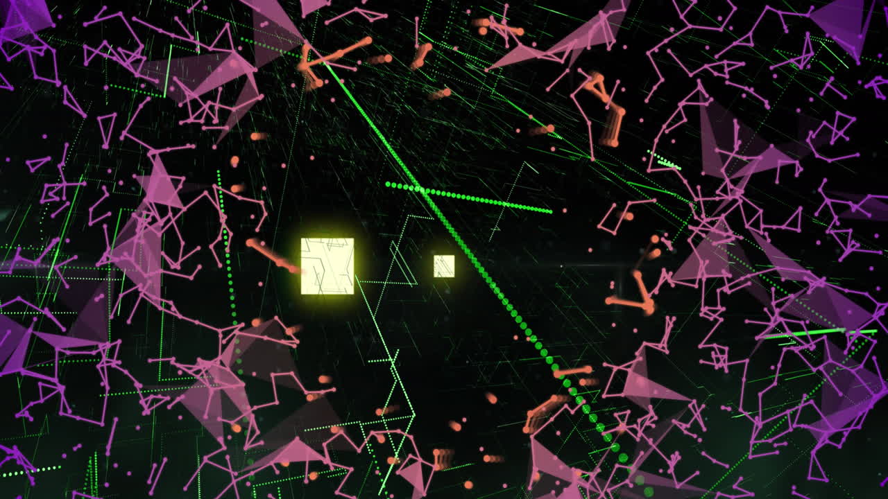 검은색 배경에 네온 녹색 사각형 모양, 빛의 흔적 및 연결 네트워크의 애니메이션