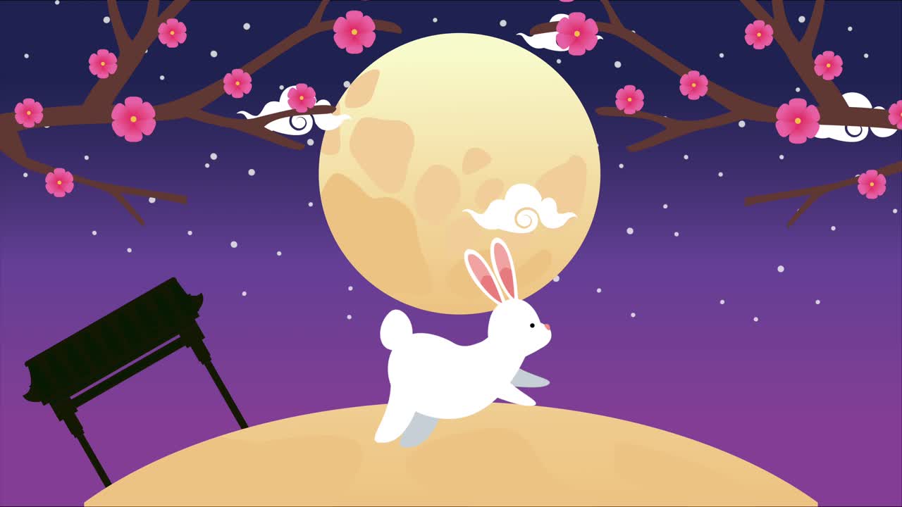 정원에서 토끼와 달이 있는 가을 중절 축제 애니메이션