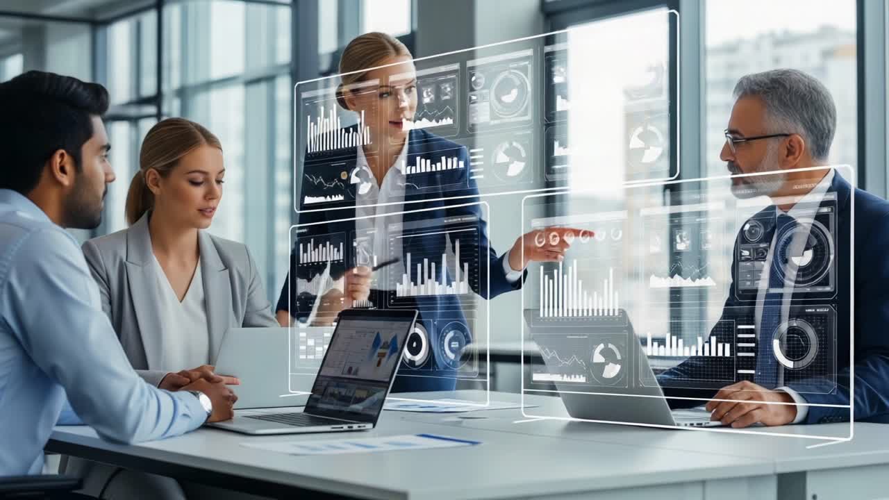 Dynamic Business Meeting: Teams Collaborate with Digital Analytics for Strategic Decision-Making and Future Planning in a Modern Office Environment