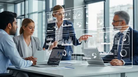 dynamic business meeting: teams collaborate with digital analytics for strategic decision-making and future planning in a modern office environment