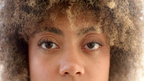 a biracial young woman with curly hair and brown eyes is looking forward