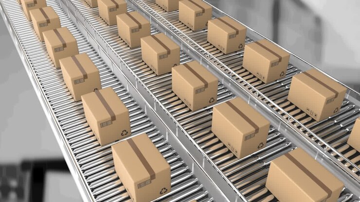 Animation of cardboard boxes moving on conveyor belts in warehouse