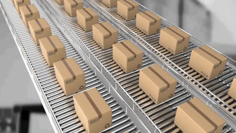 animation of cardboard boxes moving on conveyor belts in warehouse