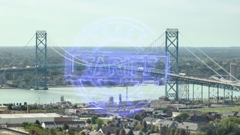 trucks and traffic on the ambassador bridge between detroit, michigan and windsor, ontario with tariff graphic overlay.