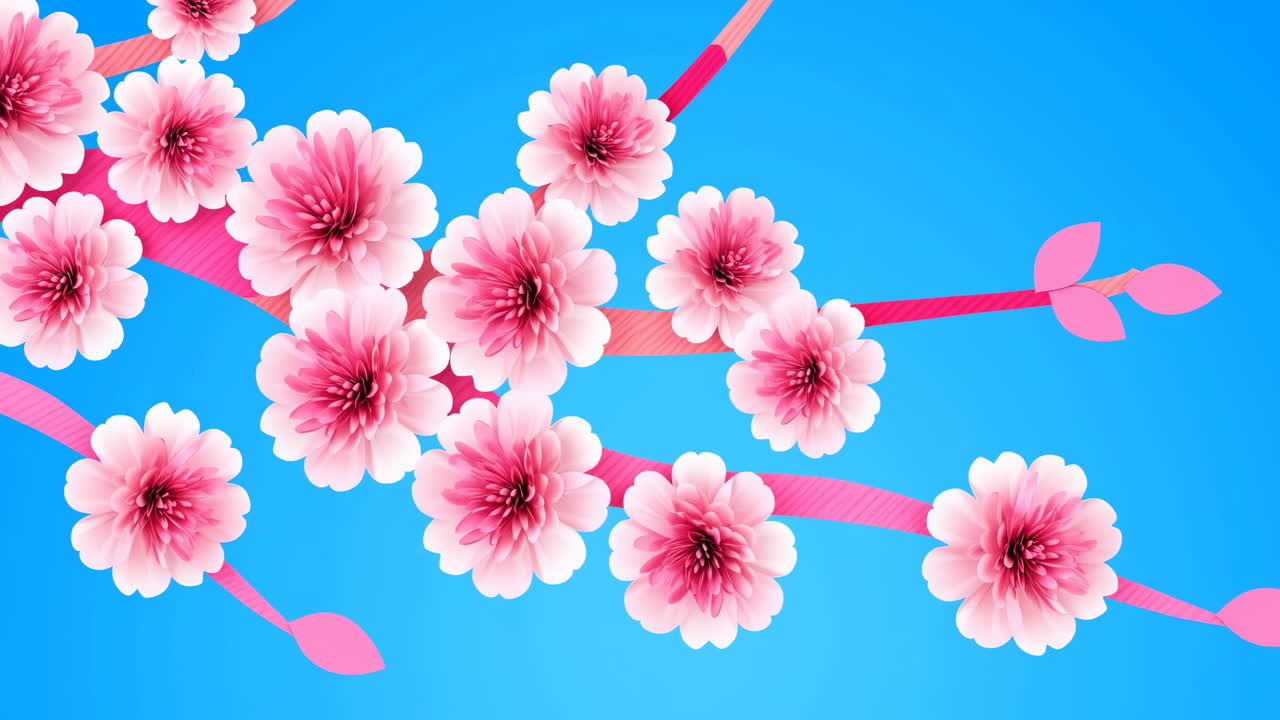 Animierte pinke Kirschblüten mit fallenden Blütenblättern vor blauem Himmel