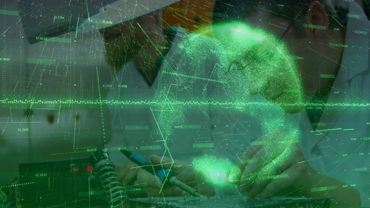 Green digital globe and data processing animation over person writing at desk