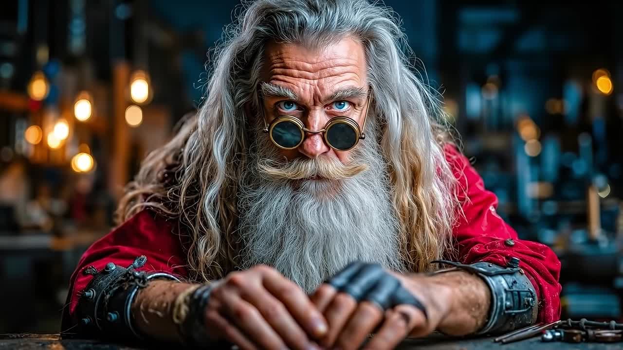 A man with a long white beard and a long gray beard wearing a red shirt and goggles