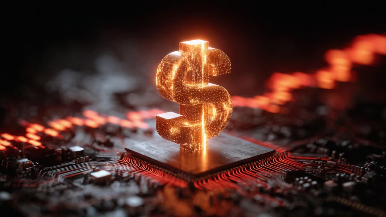 Illuminated Dollar Symbol on a Microchip Background Reflects the Intersection of Technology and Finance in a Modern Digital Economy