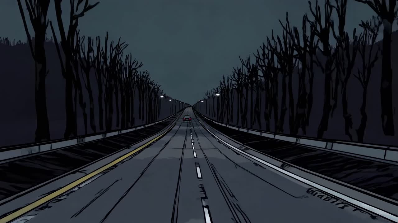 A moody, cinematic video scene of a lone car on a desolate road at night, captured from a low-angle