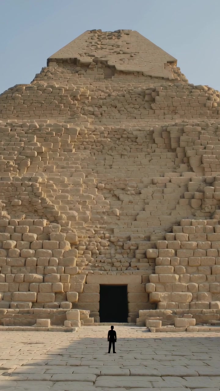 Video verticale: Telecamera che zooma su un uomo vestito di scuro in piedi accanto alla porta di una piramide in un sito arido, per mostrare le dimensioni.