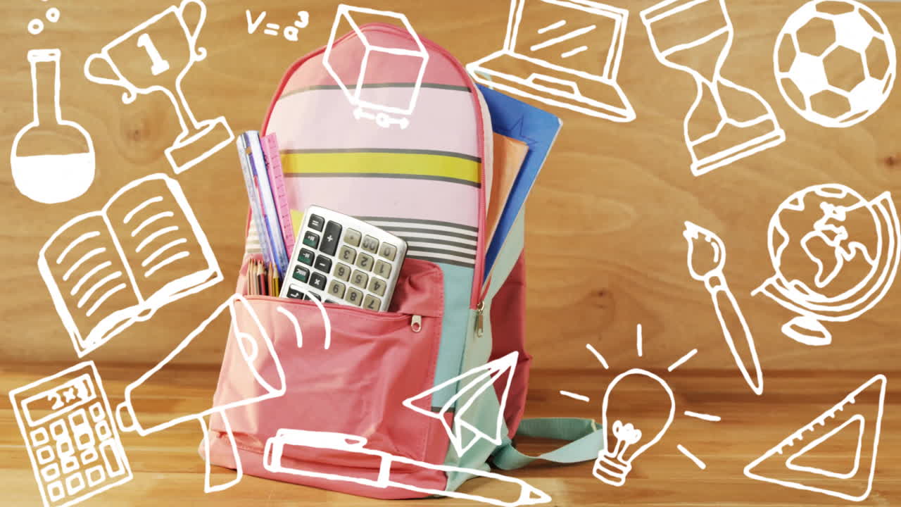 Animation of school items icons over school backpack on wooden background