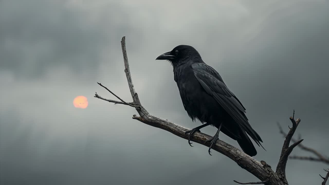Solitary crow opening beak and calling on bare branch under cloudy sky, responding to sun peeking