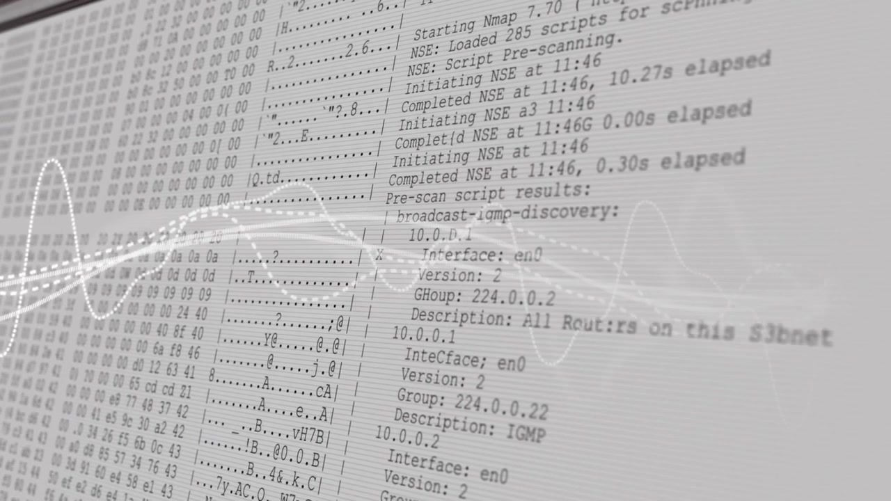 Waveforms brightening and panning on play as ASCII net scan text scrolling to visualize Nmap output