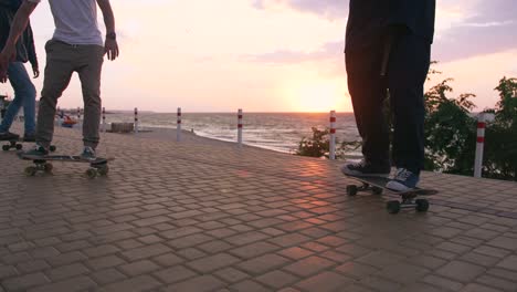 group of young people skateboarding on the road in the early morning near the sea, close up shot